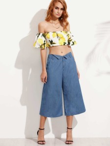 Blue Wide-Leg Capri Pants With Pockets