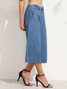 Blue Wide-Leg Capri Pants With Pockets