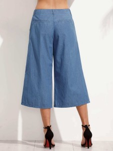 Blue Wide-Leg Capri Pants With Pockets