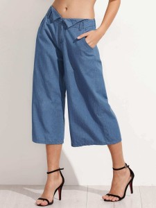 Blue Wide-Leg Capri Pants With Pockets