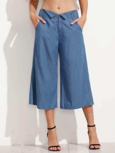 Blue Wide-Leg Capri Pants With Pockets