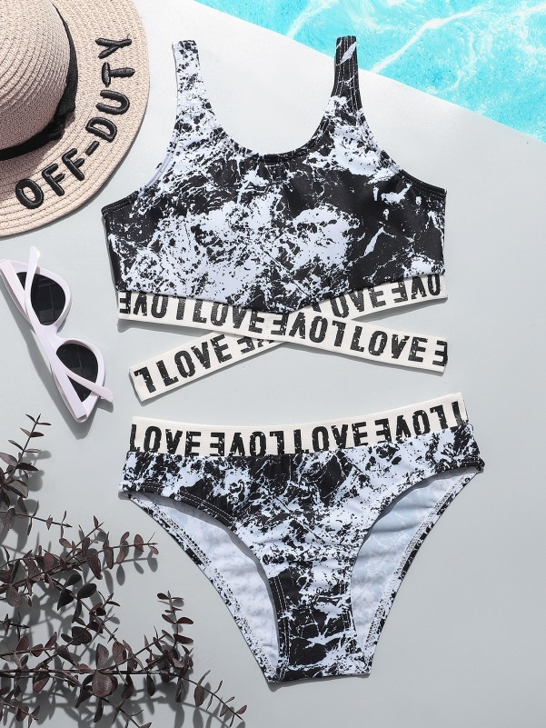 Girls Marble Print Letter Tape Bikini Swimsuit