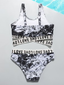 Girls Marble Print Letter Tape Bikini Swimsuit