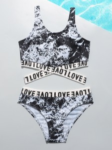 Girls Marble Print Letter Tape Bikini Swimsuit