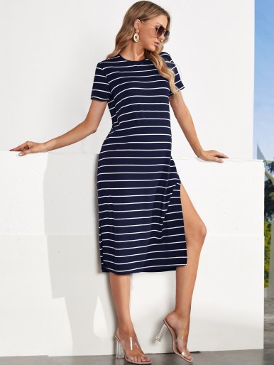 Maternity Striped Split Thigh Side Dress