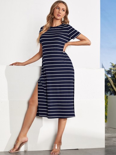 Maternity Striped Split Thigh Side Dress