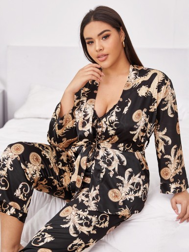 3pcs Plus Tribal Print Belted Satin Cami PJ Set & Robe