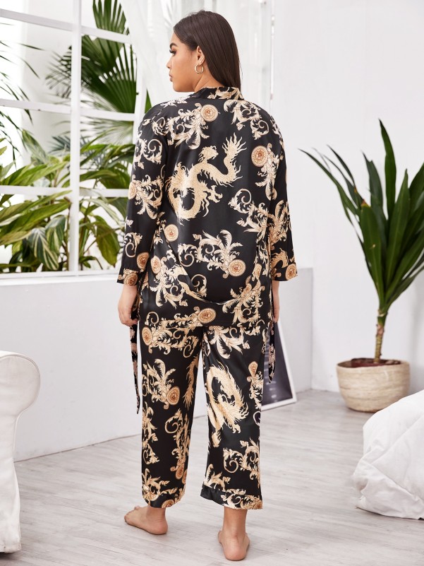 3pcs Plus Tribal Print Belted Satin Cami PJ Set & Robe