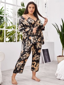 3pcs Plus Tribal Print Belted Satin Cami PJ Set & Robe