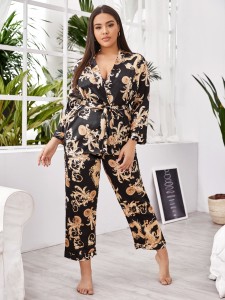 3pcs Plus Tribal Print Belted Satin Cami PJ Set & Robe