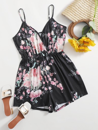 Plus Floral Print Surplice Cami Romper