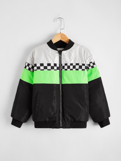 Boys Checked Colorblock Bomber Puffer Jacket