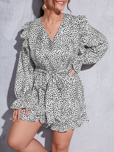 Plus Allover Print Belted Ruffle Trim Romper