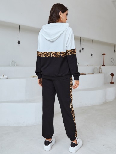 Maternity Leopard Print Color Block Drawstring Hoodie & Sweatpants