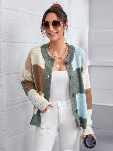 Drop Shoulder Button Front Colorblock Cardigan