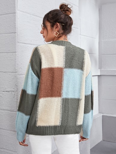 Drop Shoulder Button Front Colorblock Cardigan