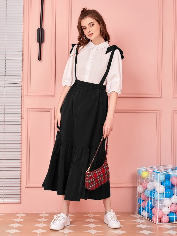 Knot Straps Ruffle Hem Overall Skirt