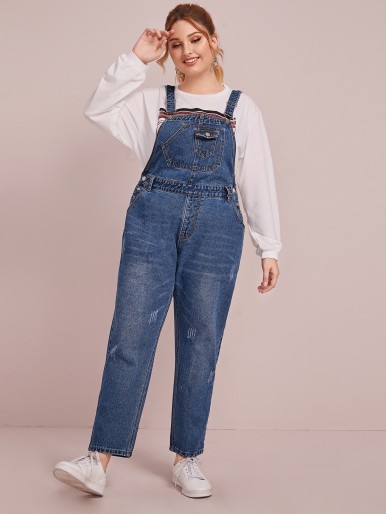 Plus Button Side Wide Leg Denim Overalls