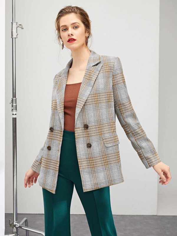 Double Breasted Notched Neck Plaid Blazer