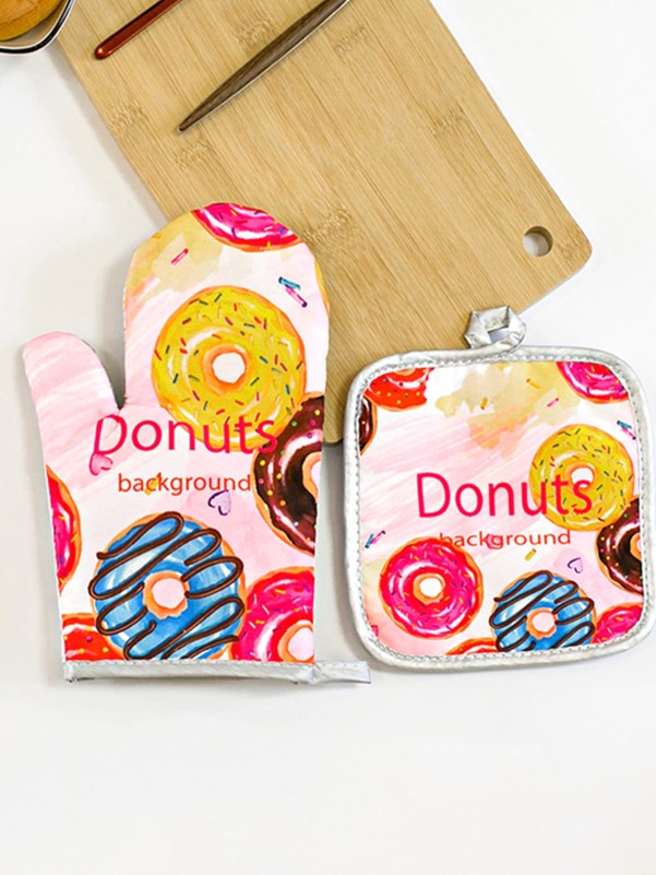 1pc Donuts Print Oven Mitt & 1pc Heat Resistant Pad