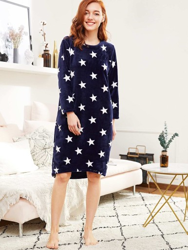 All Over Star Pattern Plush Night Dress