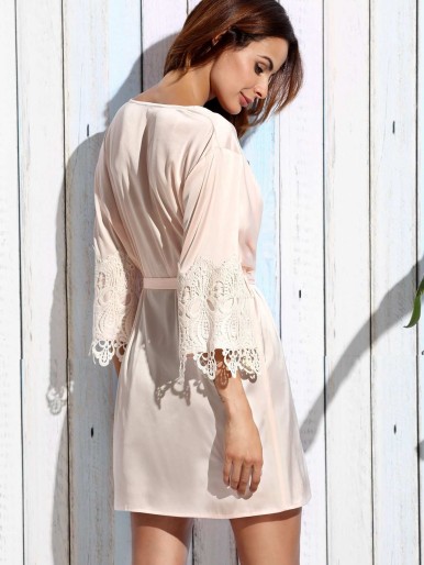 Light Pink Contrast Lace Tie Waist Wrap Kimono