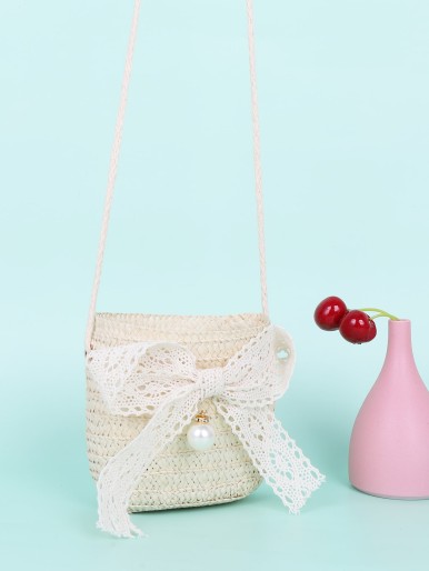 Girls Bow Decor Straw Bag