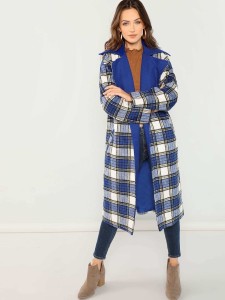 Notch Collar Drop Shoulder Plaid Longline Coat