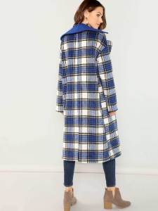 Notch Collar Drop Shoulder Plaid Longline Coat