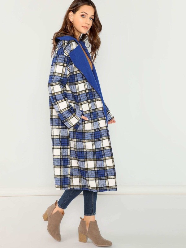 Notch Collar Drop Shoulder Plaid Longline Coat