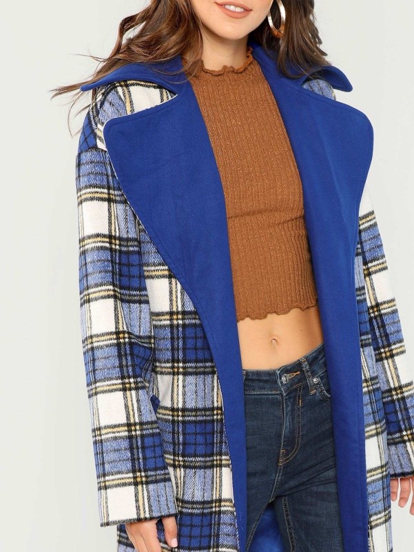 Notch Collar Drop Shoulder Plaid Longline Coat