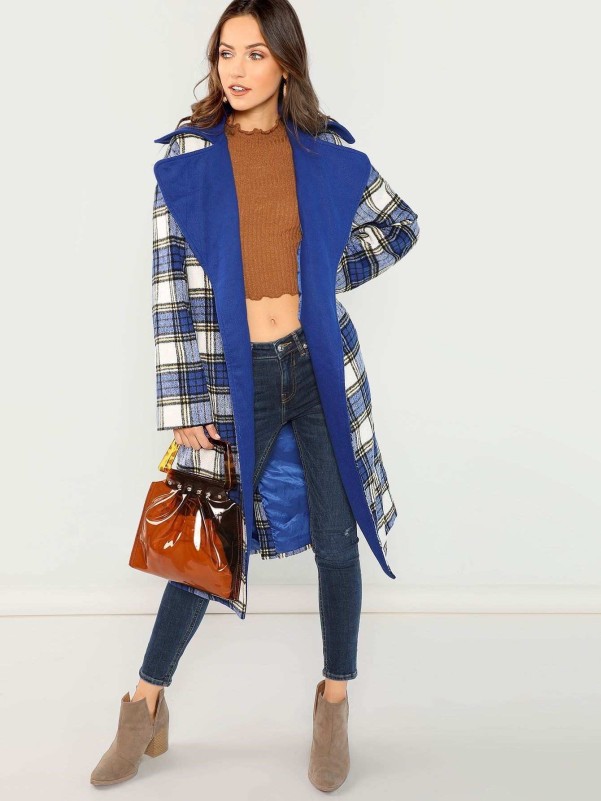 Notch Collar Drop Shoulder Plaid Longline Coat