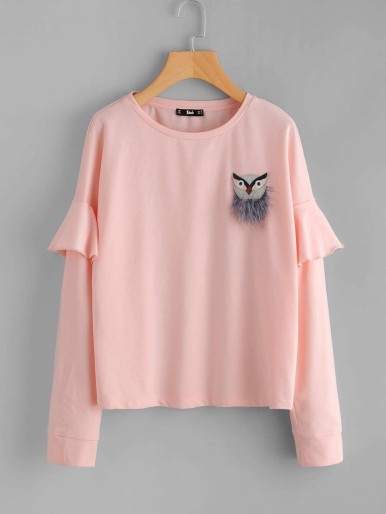 Owl Patch Ruffle Sleeve Pullover