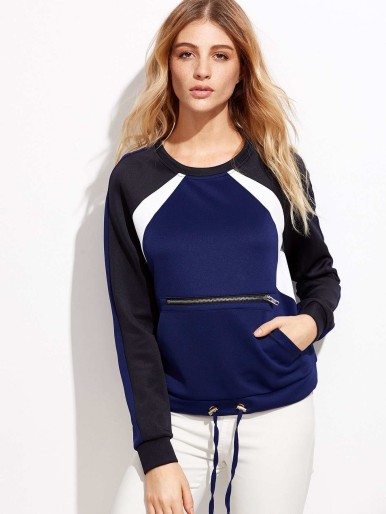 Colorblock Zipper Front Drawstring Sweatshirt