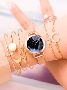 6pcs Round Pointer Quartz Watch & Bracelet Set