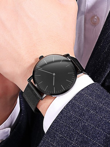 Men Mesh Strap Round Pointer Quartz Watch