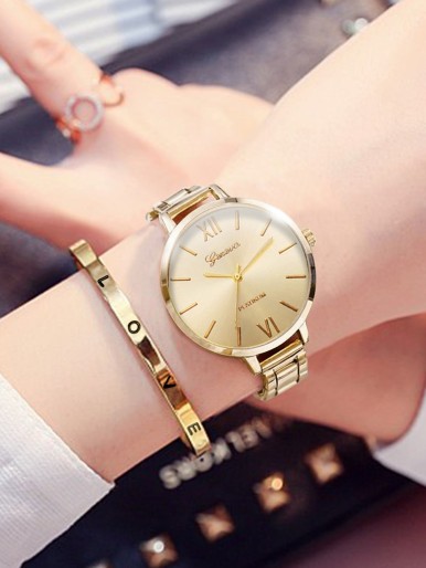 1pc Round Pointer Quartz Watch & 1pc Bracelet