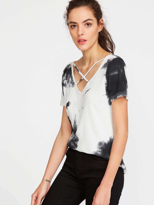 Black White Tie Dye Print Crisscross V Neck Ribbed T-shirt