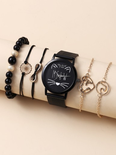 1pc Mesh Strap Round Pointer Watch & 5pcs Bracelet