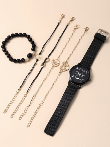 1pc Mesh Strap Round Pointer Watch & 5pcs Bracelet