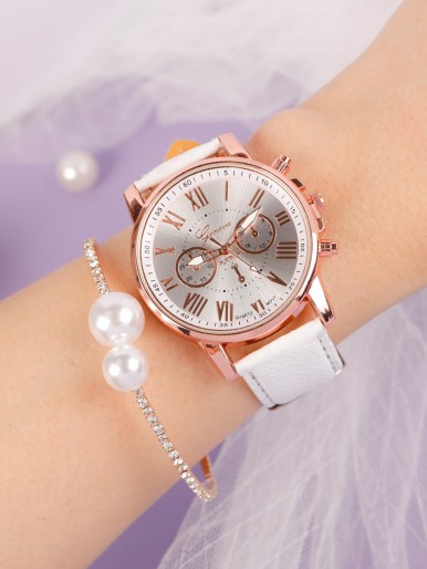 1pc Round Pointer Quartz Watch & 1pc Faux Pearl Bracelet