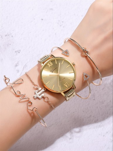 1pc Round Pointer Quartz Watch & 4pcs Bracelet