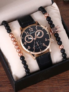 1pc Men Round Pointer Quartz Watch & 2pcs Bracelet