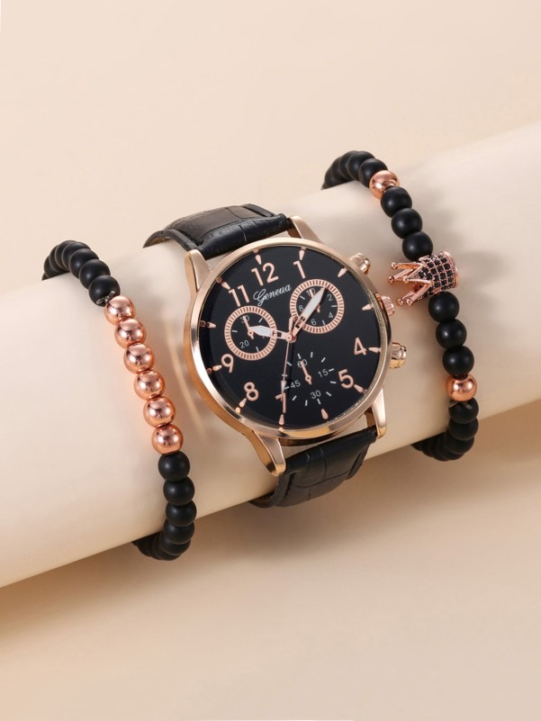 1pc Men Round Pointer Quartz Watch & 2pcs Bracelet