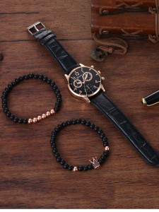 1pc Men Round Pointer Quartz Watch & 2pcs Bracelet