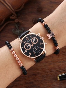 1pc Men Round Pointer Quartz Watch & 2pcs Bracelet