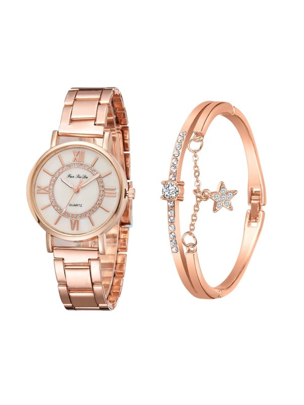 Rhinestone Decor Roman Numerals Watch & 1pc Bracelet