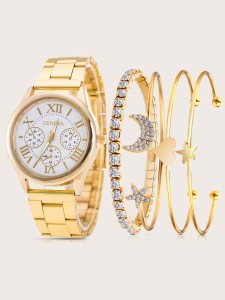 5pcs Round Pointer Quartz Watch & Bracelet Set