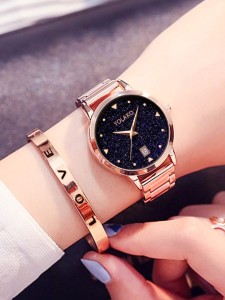 1pc Starry Sky Dial Date Quartz Watch & 1pc Bracelet