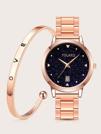 1pc Starry Sky Dial Date Quartz Watch & 1pc Bracelet